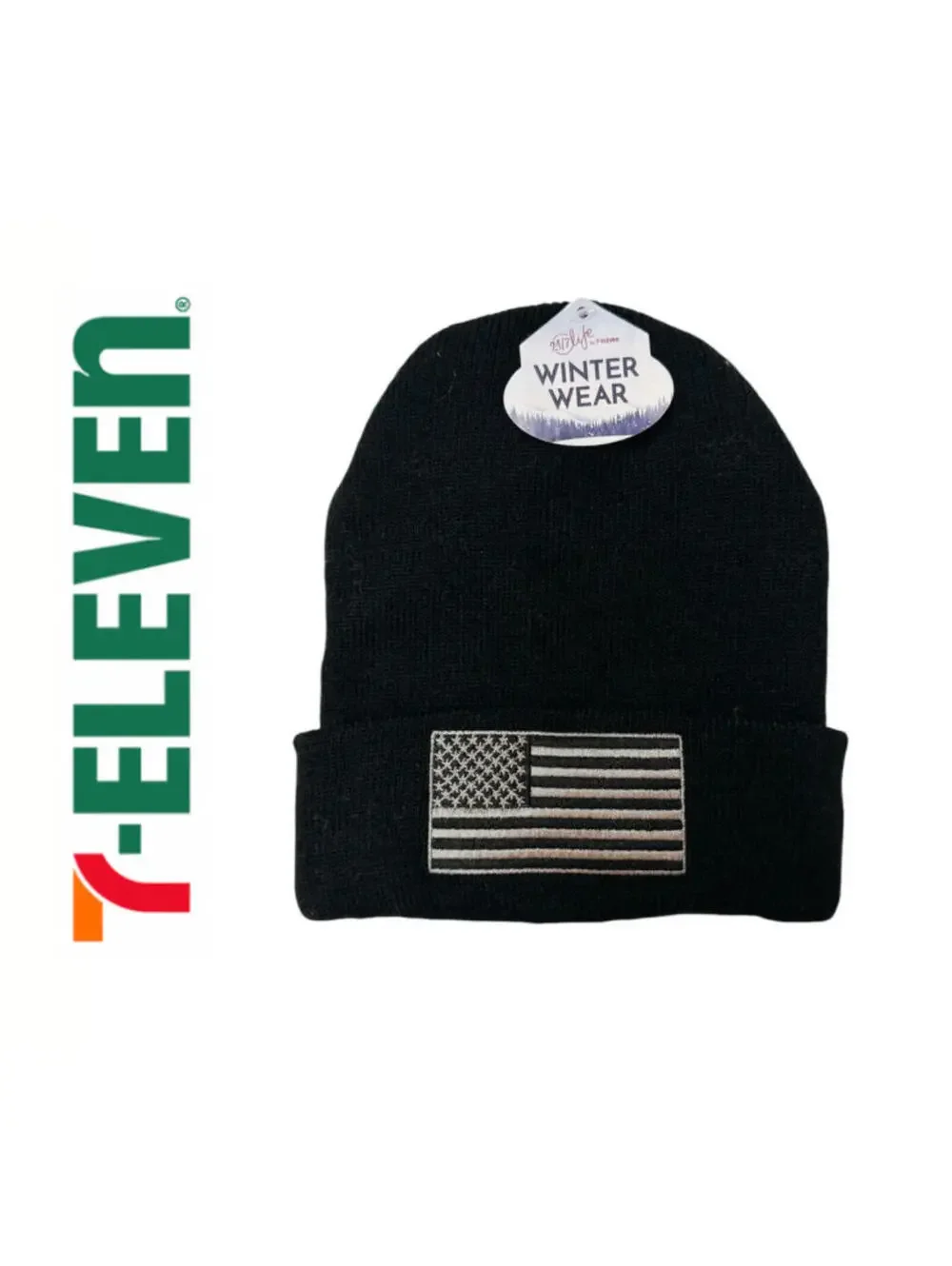 (RB) 24/7 Life by 7-Eleven Black Beanie Hat USA Flag Embroidery One Size Winter